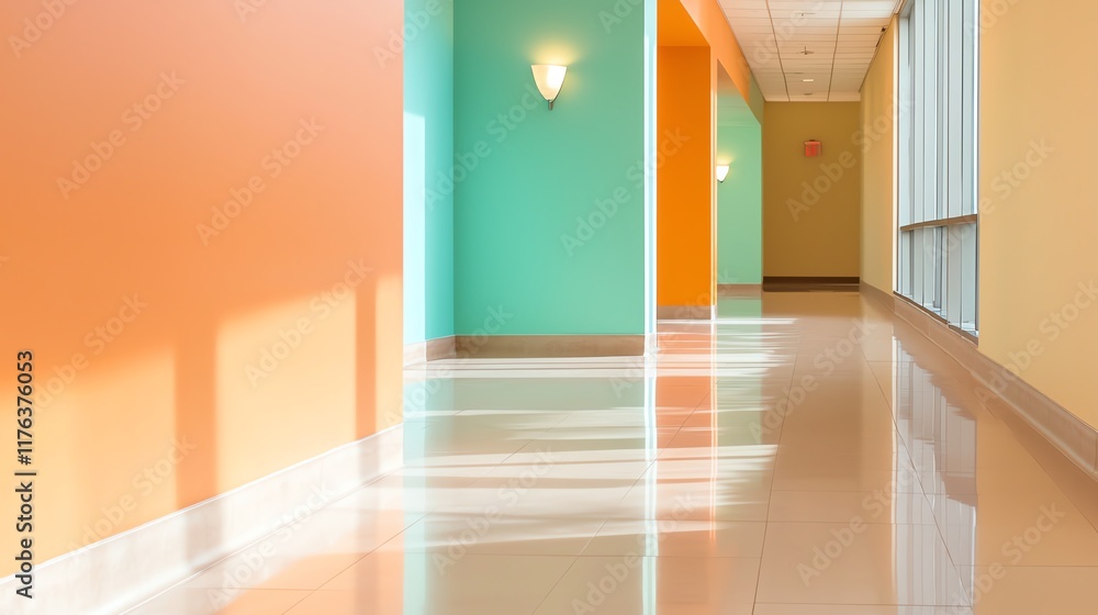 Poster Brightly colored corridor with vibrant walls creating an inviting atmosphere in a modern building.