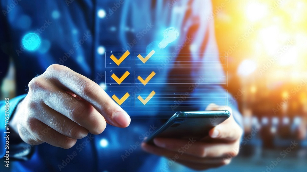 Poster digital task management action office environment smartphone usage productive workflow close-up view