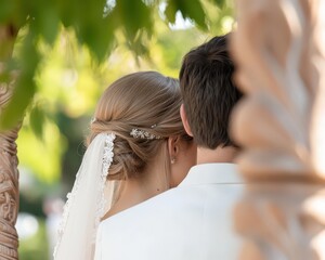 Bride and groom framed by an ornate wooden doorway, embodying cultural and traditional wedding traditions.