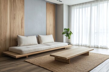 A modern minimalist interior design in the living room with a wood finish to parts of the wall and a sofa and wood table. Generative AI
