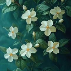 Obraz premium Elegant white blossoms, lush green leaves, teal background.