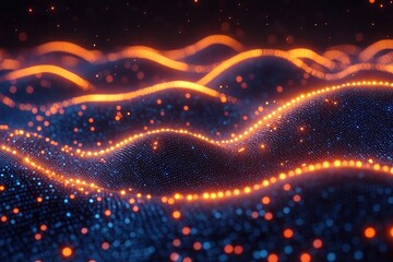 Obraz premium Abstract visualization of glowing waves in a digital landscape, representing data or sound frequencies.