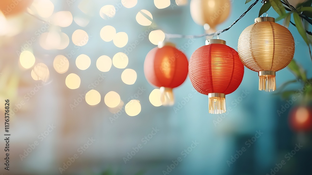 Aufkleber captivating display of red and gold lanterns glowing in harmony creating a festive and culturally ri