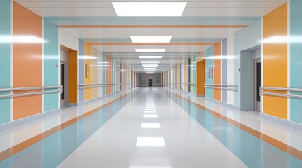 Bright and modern hospital corridor showcasing colorful walls and sleek design, creating an inviting atmosphere for patients.