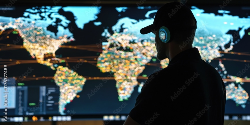 Poster monitoring global data traffic control room digital display technology environment side view analyti