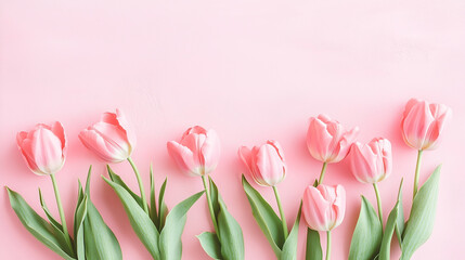Fototapeta premium Elegant bouquet of pink tulips on a pastel pink background, perfect for spring, Valentine's Day, Easter, birthdays, Women's Day, and Mother's Day. Minimalist flat lay design with delicate floral arran