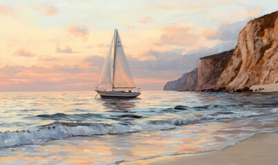 Fototapeta premium Serene Sailing Experience at Sunset on Calm Ocean Waters