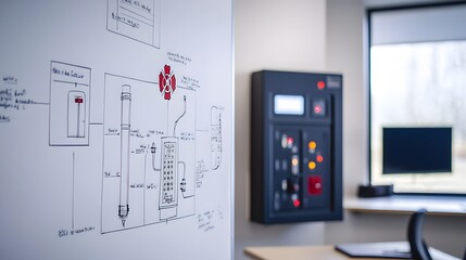 Detailed Fire Safety Training Classroom with Instructional Diagrams and Training Equipment