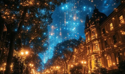 Obraz premium A magical night scene with glowing lights and a charming building under a starry sky.