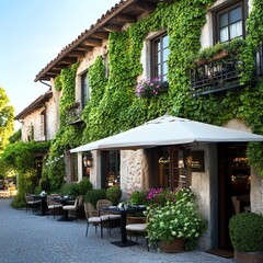 Historic boutique hotel facade with ivycovered walls and antique charm, nestled in a quaint European village
