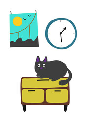 Cat on the dresser. Clock. Painting. Home interior concept. Handdrawing