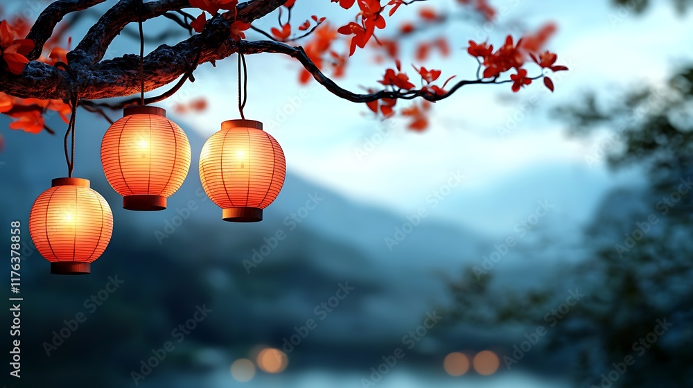 Aufkleber cluster of vibrant red asian style paper lanterns glowing brightly and hanging from the branches of 