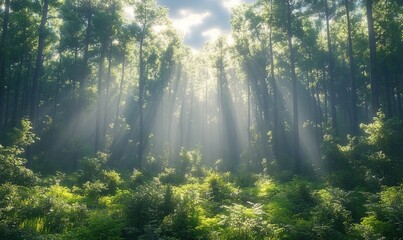 Fototapeta premium A serene forest scene with sunlight filtering through trees, creating a tranquil and mystical atmosphere.