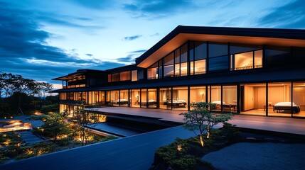 Japanese ryokanstyle resort with tatami rooms, onsen baths, and tranquil zen gardens, embracing tradition