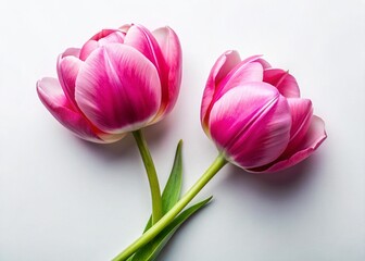 Naklejka premium Two Pink Tulips Floating, Aerial View, Spring Flowers, Isolated White Background
