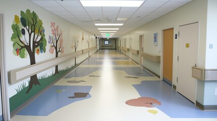 A vibrant hospital corridor featuring cheerful murals, bright colors, and playful designs to create a welcoming atmosphere.