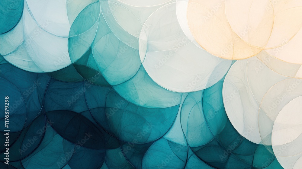 Poster a serene abstract design featuring overlapping circles in soothing shades of blue and cream, creatin