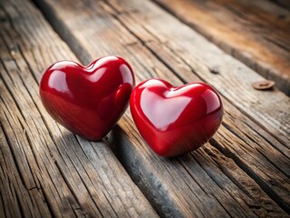 Fototapeta premium Two Red Hearts on Rustic Wooden Table - Valentine's Day Romance