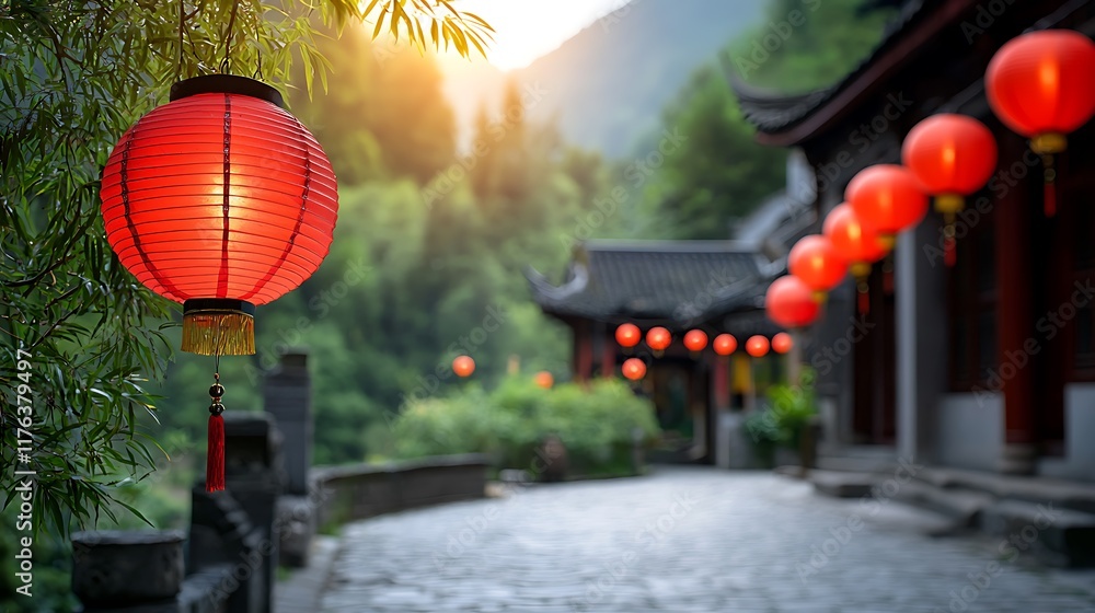 Poster cluster of vibrant red paper lanterns illuminating a charming cobblestone street in an atmospheric a