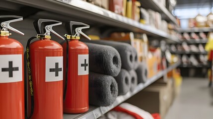 Fire Safety Equipment Display in Store Featuring Fire Extinguishers and Safety Supplies on Shelves