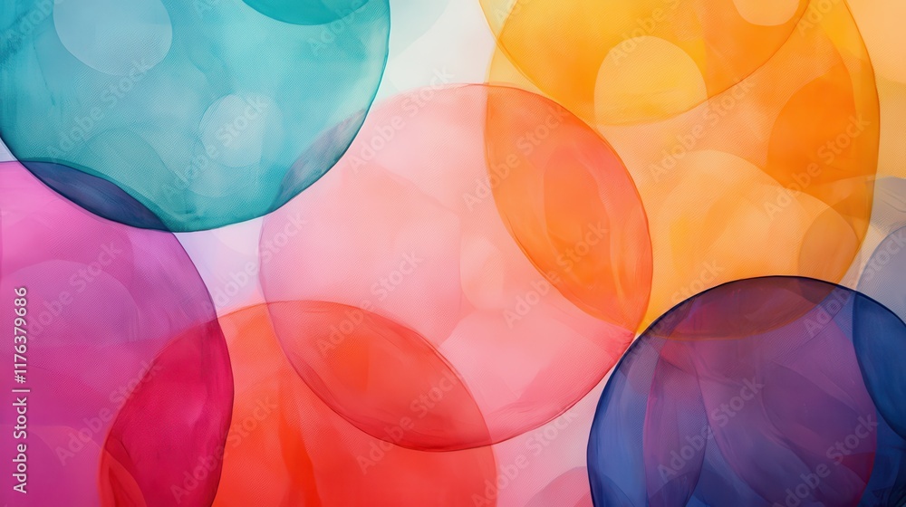 Poster a vibrant composition of translucent circles in various colors, creating a playful and artistic back