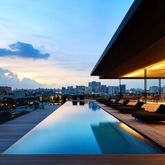 Fototapeta premium Modern urban resort with rooftop infinity pools, trendy lounges, and city skyline views, perfect for urban escapes