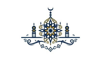 Elegant mosque monogram with intricate arabesque patterns in gold and navy blue, perfect for Islamic-themed designs.

