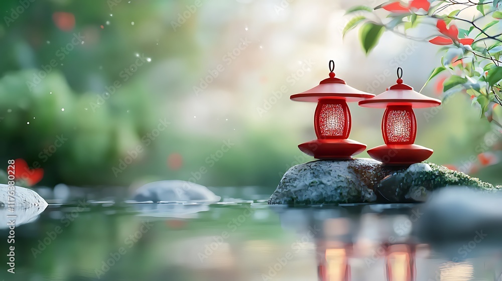 Poster delicate red lanterns gently floating above a tranquil temple pond creating a mesmerizing and peacef