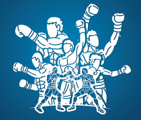 Group of Fighter Boxing Sport Boxer Men Fighting Punching Mix Action Cartoon Graphic Vector