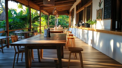 Fototapeta premium Jungle inn with treehouse accommodations, tropical flowers, and natural wooden furniture, perfect for adventure seekers