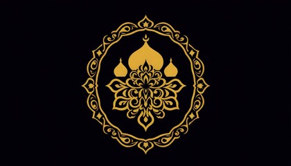 Elegant mosque monogram with intricate arabesque patterns in gold and navy blue, perfect for Islamic-themed designs.

