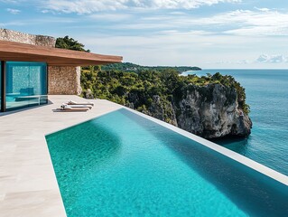 Fototapeta premium Secluded cliffside resort with infinity pools overlooking a dramatic ocean coastline, embodying exclusive luxury