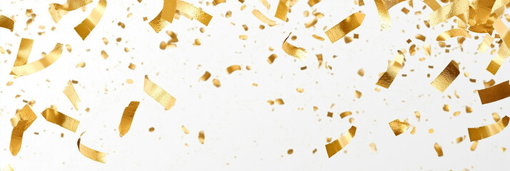 Luxurious scattered gold foil on a pristine white background, perfect for background material, showcasing intricate details, high-definition photography, and a professional composition.