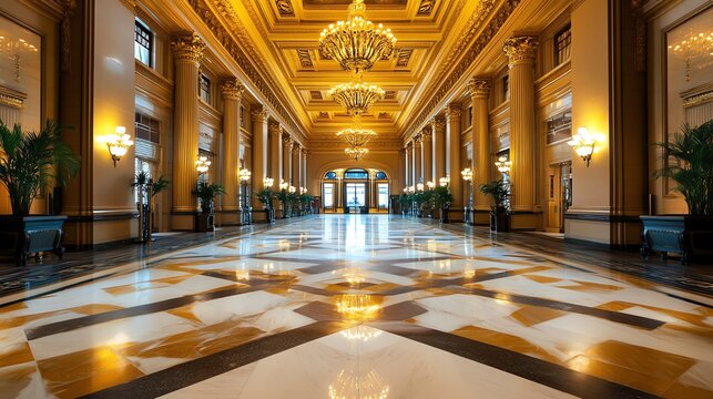 Luxurious hotel lobby with golden chandeliers and marble flooring, elegant and welcoming atmosphere, perfect for highend accommodations