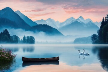 Serene Lake Landscape with Canoe and Swans at Dawn in Mountains
