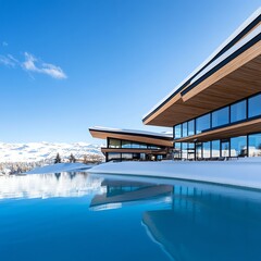 Fototapeta premium Luxury ski resort with modern chalets, heated pools, and snowy mountain peaks, ideal for winter sports enthusiasts