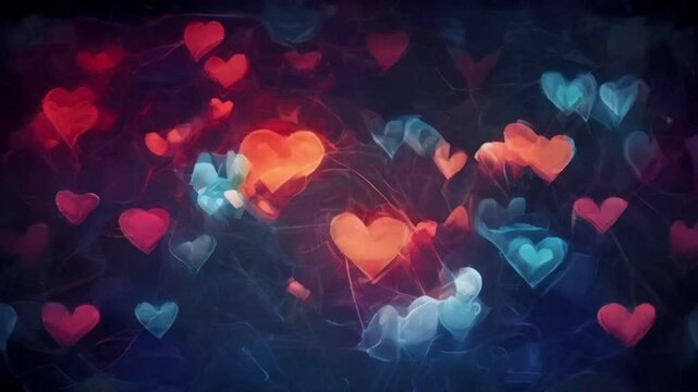 abstract pattern of colorful hearts on dark background with glowing lines, concept of love, romance, valentine's day, fancy design