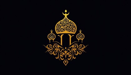 Elegant mosque monogram with intricate arabesque patterns in gold and navy blue, perfect for Islamic-themed designs.

