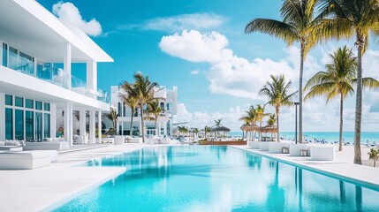 Fototapeta premium Modern beachfront resort with sleek design, infinity pools, and private cabanas for a chic coastal escape