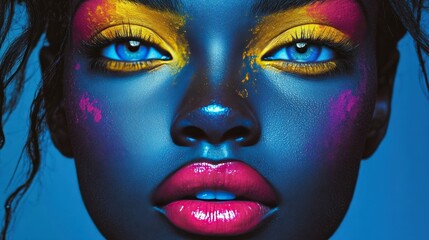 Vibrant makeup, dark skin, blue background.