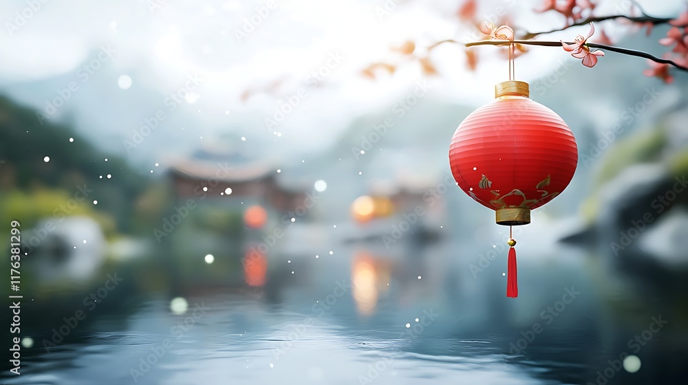 Poster delicate red lanterns gracefully floating above the tranquil waters of a temple pond creating a mesm