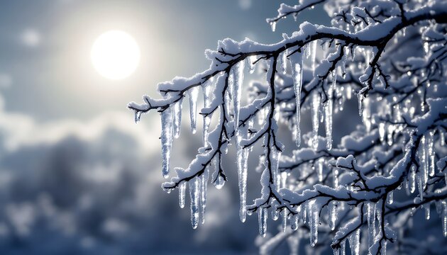 Winter Wonderland: Icy Branch with Sunlit Icicles