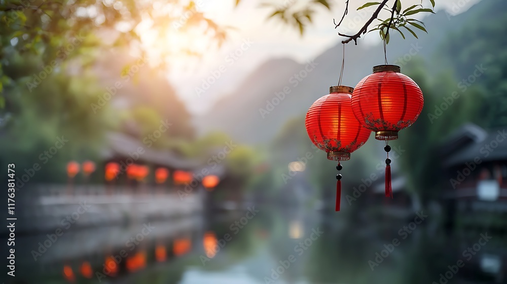 Poster delicate red lanterns hanging over a peaceful stone bridge in a serene asian landscape with the refl