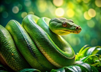 Fototapeta premium Ultra Realistic Green Python Stock Photo: Emerald Reptile on Lush Background with Copy Space