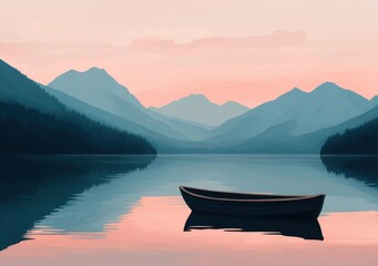 Obraz premium Tranquil Evening Lake Scene with Single Boat and Mountain Reflection