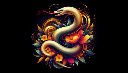 Fototapeta premium An artistic snake illustration with a sleek body, surrounded by a swirling golden aura and vibrant flowers, showcasing a sense of movement and grace