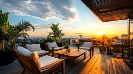 Fototapeta premium Rooftop garden in a boutique hotel with lush plants, wooden furniture, and breathtaking views for ecoconscious guests