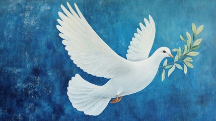 Obraz premium A serene white dove carrying an olive branch in its beak, wings open wide, floating against a peaceful blue background banner