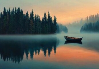 Obraz premium Serene Morning on a Misty Lake with a Lone Canoe and Reflections