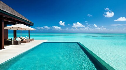 Fototapeta premium Seaside resort with private cabanas and turquoise water, ideal for a luxury tropical getaway